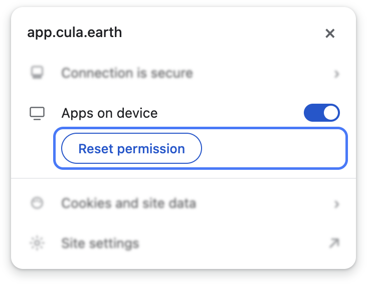 Site controls for app.cula.earth with Reset permission highlighted under Apps on device