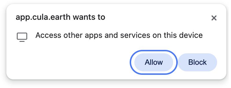 Browser permission popup asking to access other apps and services, with Allow highlighted