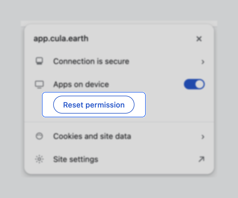 Site controls for app.cula.earth with Reset permission highlighted under Apps on device